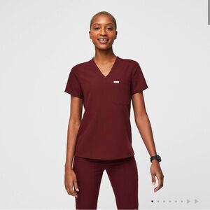 Figs Maroon Short Sleeve V-Neck Top